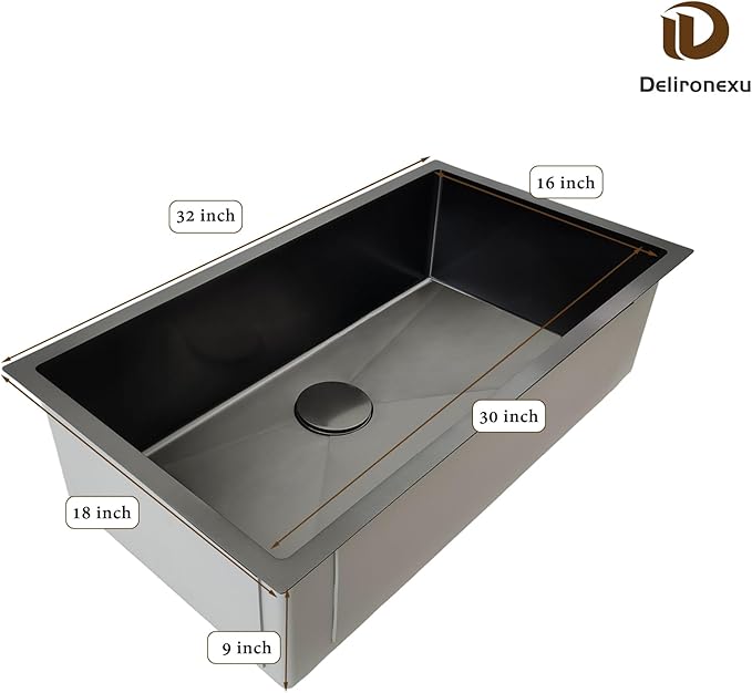 32 Inch Black Kitchen Sink Undermount - Delironexu Undermount Kitchen Sink Black, 16 Gauge Stainless Steel kitchen Sinks Single Bowl, 32''x18'' black Stainless Steel sink with 4 Accessories