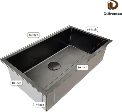 32 Inch Black Kitchen Sink Undermount - Delironexu Undermount Kitchen Sink Black, 16 Gauge Stainless Steel kitchen Sinks Single Bowl, 32''x18'' black Stainless Steel sink with 4 Accessories