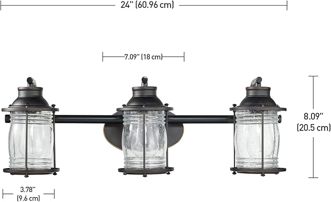 Globe Electric 51549 5-Piece All-in-One Bathroom Set, Oil Rubbed Bronze, 3-Light Vanity Wall Light with Ribbed Seeded Glass Shades, Towel Bar and Ring, Robe Hook, Toilet Paper Holder
