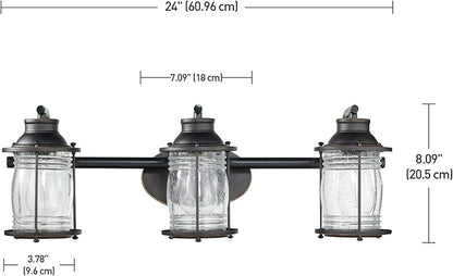 Globe Electric 51549 5-Piece All-in-One Bathroom Set, Oil Rubbed Bronze, 3-Light Vanity Wall Light with Ribbed Seeded Glass Shades, Towel Bar and Ring, Robe Hook, Toilet Paper Holder