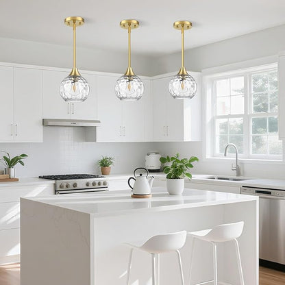 Pendant Lights Kitchen Island 3 Pack,Pendant Light Fixtures with Hammered Glass Shade,Adjustable-Height Island Lights for Kitchen with Detachable Rod,E26 Base Kitchen Pendant Lighting Over Island/Bar