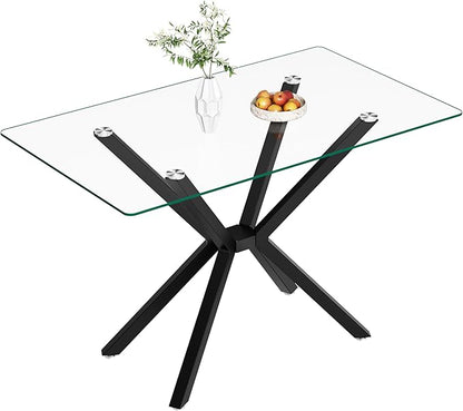 47" Rectangle Dining Table for 2 3 4 People, Modern Dining Table with Black Chrome Metal X-Shaped Legs, Clear Glass Kitchen Table Family Dinner Table for Home Office Living Room