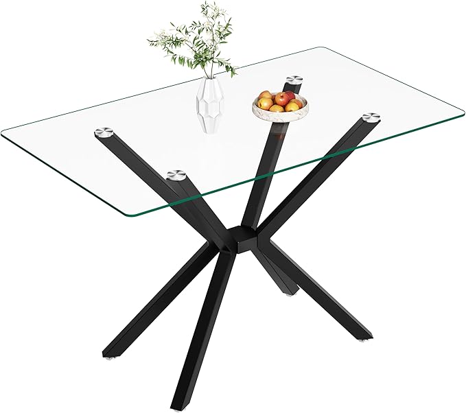 Glass Dining Table,47'' Rectangular Dining Kitchen Table,Modern X-Design Dining Room Table with Black Metal Base for Dining Room