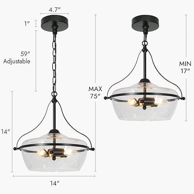 KSANA Black Glass Chandelier, Modern 3-Light Pendant Lighting Fixture for Dining Room, Kitchen, and Bedroom