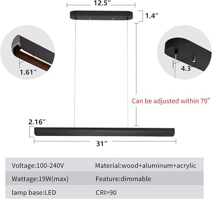 YISDESIGN Modern Linear LED Chandelier, 31" Wall-Dimmable Pendant Light Kitchen Island Light with Wood & Aluminum, 19W LED Pendant Light for Dining Room, Office, 100-240V, CRI>90 Black