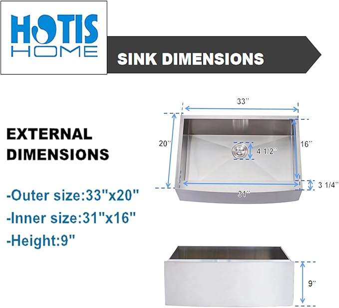 Hotis 33 Inch Farmhouse Sink, Stainless Steel Farmhouse Kitchen Sink, 16 Gauge 9 Inch Deep Undermount Apron Front Farm Sinks, 33x22 Inch Brushed Nickel Single Bowl
