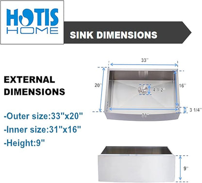 Hotis 33 Inch Farmhouse Sink, Stainless Steel Farmhouse Kitchen Sink, 16 Gauge 9 Inch Deep Undermount Apron Front Farm Sinks, 33x22 Inch Brushed Nickel Single Bowl