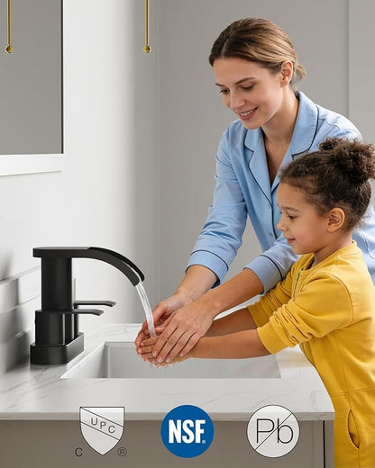 gotonovo 4 Inch Centerset Waterfall Bathroom Sink Faucet Deck Mount 2 Handle Basin Faucets 2 or 3 Hole with Pop Up Drain Included Lavatory Modern Mixer Tap Vanity Faucet Matte Black