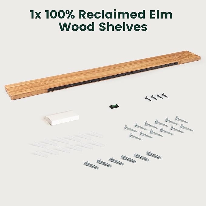 72 Inch Flat Edge Floating Shelves, 8 Inch Deep Solid Elm Wood Wall Shelf, Heavy-Duty Wall Mounted Shelf with Invisible Brackets for Living Room, Bathroom, Kitchen, Set of 1, Natural Color