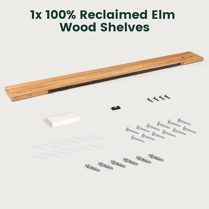72 Inch Flat Edge Floating Shelves, 8 Inch Deep Solid Elm Wood Wall Shelf, Heavy-Duty Wall Mounted Shelf with Invisible Brackets for Living Room, Bathroom, Kitchen, Set of 1, Natural Color
