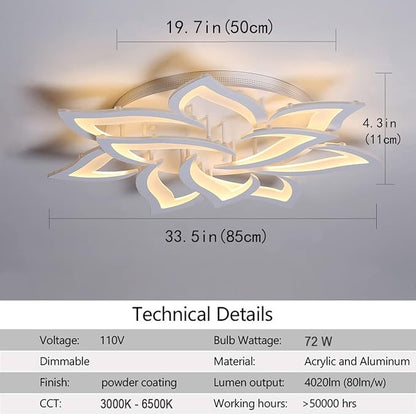 Garwarm Dimmable LED Ceiling Light, 72W Modern Acrylic Flush Mount Ceiling Lamp with Remote Control Metal Flower Shape Chandelier Lighting Fixture for Living Room Bedroom Kitchen