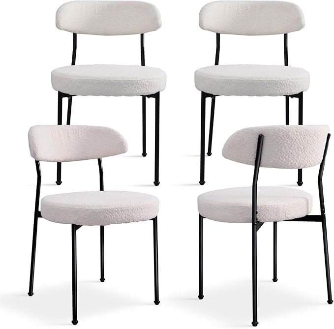 White Boucle Dining Chair Set of 4, Modern Oval Upholstered Dining Chairs with Curved Back and Metal Leg for Dining Room,Restaurant,Kitchen Island(Black Leg)