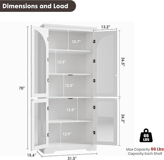 Garvee 70" Tall Kitchen Pantry Cabinet - Modern Display Cabinet with 4 Arched Glass Doors and Adjustable Shelves, Versatile Cupboard Organizers for Kitchen, Dining Room, Living Room, Bathroom, White