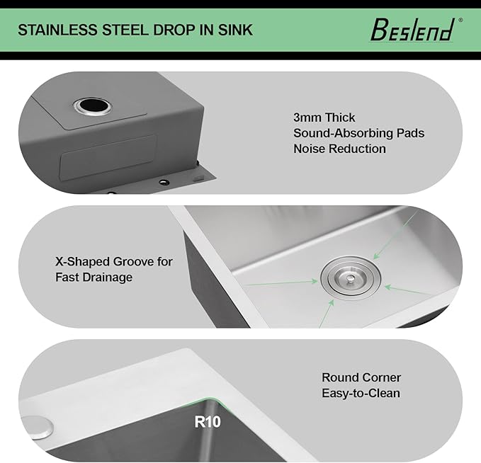 25 Drop In Kitchen Sink -Beslend 25x22 Inch Stainless Steel Kitchen Sinks 16 Guage Single Bowl Handmade Sinks Topmount Bar Sink Basin