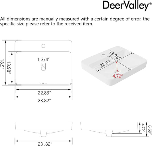 DeerValley 24x19 Inch White Rectangular Drop-In Bathroom Sink, Semi-Recessed Ceramic Vessel Sink with Overflow and Single Faucet Hole, Model DV-1DS012101