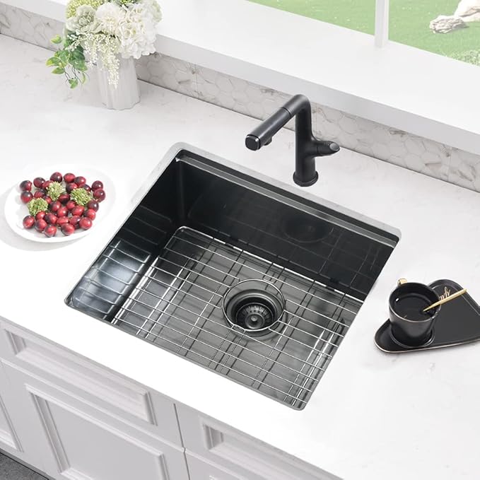 Black Small Kitchen Sink, 21 x 18 Inch Black Stainless Steel Sink Undermount Workstation Wet Bar Prep Kitchen Single Bowl Basin
