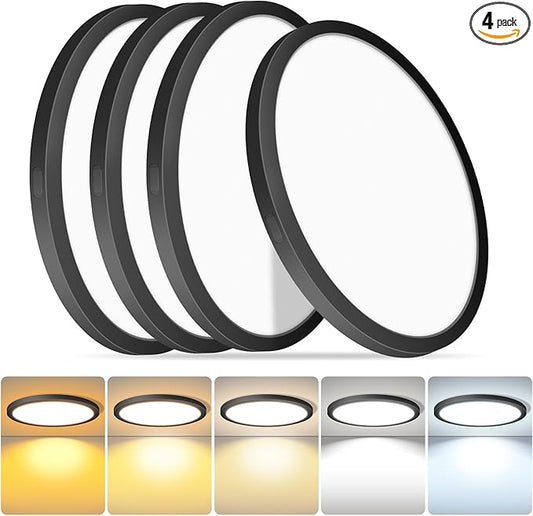 4 Pack LED Flush Mount Ceiling Lights, 9 Inch Round Black Ceiling Light, 20W 120V 5CCT 2700/3000/3500/4000/5000K, Dimmable Slim Flush Mount Light, Close to Ceiling Light Fixtures for Bedroom, Hallway