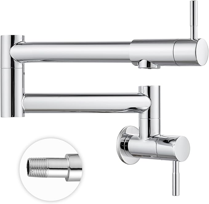 Heyalan Pot Filler 19 Inch Wall Mount Folding Stretchable Kitchen Restaurant Faucet Stainless Steel Pot Filler Double Joint Swing Arm Two Handles Commercial NPT,Straight Handle,Polish Chrome