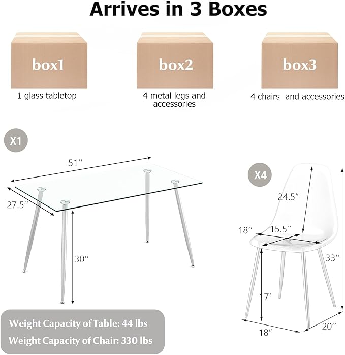 Tangkula Dining Table Set for 4, Modern Kitchen Table and Chairs, Glass Table and Chairs Set of 4 for Small Living Room, Kitchen