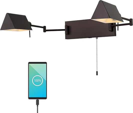 JONATHAN Y 54" Oil Rubbed Bronze 2-Light Double Swing Arm LED Wall Sconce, Industrial Farmhouse Iron Wall Lamp with Pull-Chain, USB, Metal Shades JYL6016A