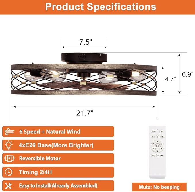 SHLUCE 21.7" Farmhouse Flush Mount Caged Ceiling Fans with Lights and Remote, Low Profile Fandelier Ceiling Fan with Light, Small Rustic Bladeless Ceiling Fan with Light for Kitchen, Bedroom, 6 Speeds