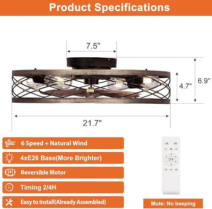 SHLUCE 21.7" Farmhouse Flush Mount Caged Ceiling Fans with Lights and Remote, Low Profile Fandelier Ceiling Fan with Light, Small Rustic Bladeless Ceiling Fan with Light for Kitchen, Bedroom, 6 Speeds