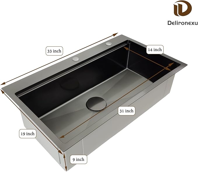 33x19 Black Kitchen Sink Drop In - 33 Inch Drop In Kitchen Sink Workstation, Black Stainless Steel Sinks, 16 Gauge Single Bowl Top Mount Workstation Sinks by Delironexu with 6 Accessories