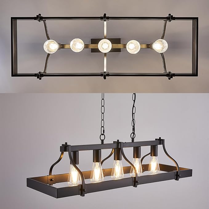 Industrial Black Chandelier for Dining Room, 5-Light Farmhouse Rustic Light Fixture Over Table, Modern Linear Rectangular Kitchen Island Pendant Lighting