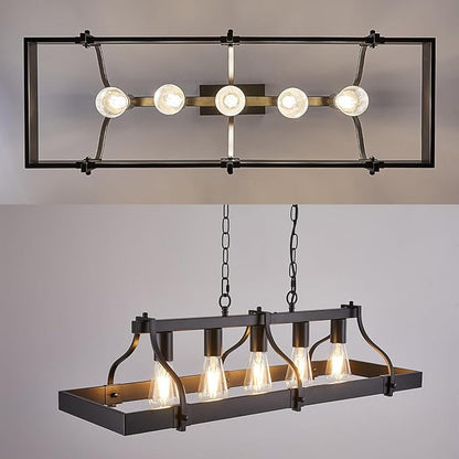 Industrial Black Chandelier for Dining Room, 5-Light Farmhouse Rustic Light Fixture Over Table, Modern Linear Rectangular Kitchen Island Pendant Lighting