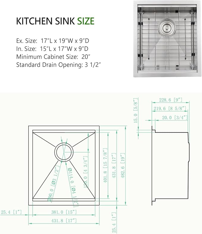 17 inch Undermount Stainless Steel Bar Sink, Swift Horse 17"x19"x9” 16Gauge Stainless Steel Undermount Workstation Kitchen Bar Sinks