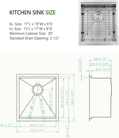 17 inch Undermount Stainless Steel Bar Sink, Swift Horse 17"x19"x9” 16Gauge Stainless Steel Undermount Workstation Kitchen Bar Sinks