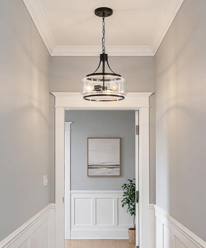 15.7 Inch Glass Drum Dining Room Light Fixture Over Table, Modern Black Chandeliers for Dining Room, Drum Pendant Light for Kitchen,Entryway,Living Room