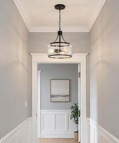 15.7 Inch Glass Drum Dining Room Light Fixture Over Table, Modern Black Chandeliers for Dining Room, Drum Pendant Light for Kitchen,Entryway,Living Room