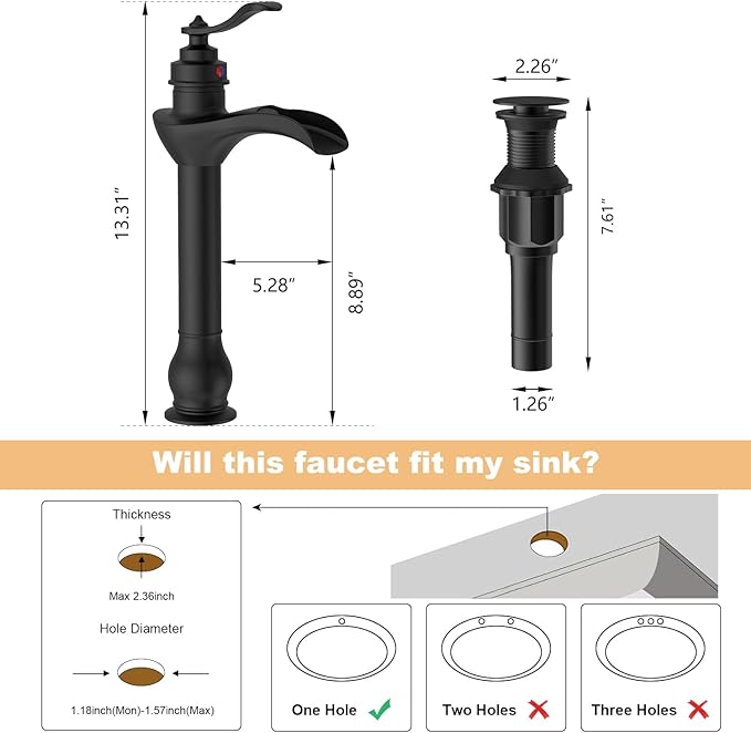 BWE Matte Black Vessel Sink Faucet Waterfall Single Hole Handle with Pop Up Drain Stopper Assembly and Supply Hose Bathroom Faucet Vanity Lavatory Mixer Tap Tall Body