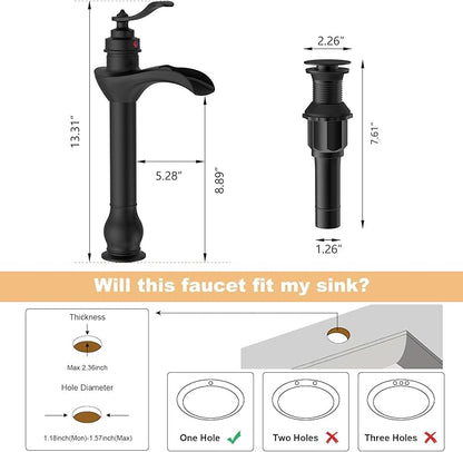 BWE Matte Black Vessel Sink Faucet Waterfall Single Hole Handle with Pop Up Drain Stopper Assembly and Supply Hose Bathroom Faucet Vanity Lavatory Mixer Tap Tall Body