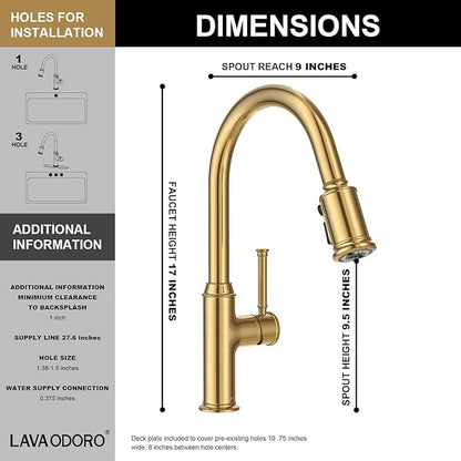 Lava Odoro Curtura Brushed Bronze Kitchen Faucet with Pull Down Sprayer, Gold Kitchen Sink Faucet with Magnetic Docking Spray 3-Function, Faucet for Kitchen Sink 1 Hole and 3 Hole, KF421-BB-M