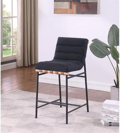 Lilola Home Lahni 18" W Black Boucle Fabric Counter Height Chair – Contemporary Upholstered Bar Stool with Cognac PU Leather Detail and Fully Assembled Design for Kitchen Dining Room