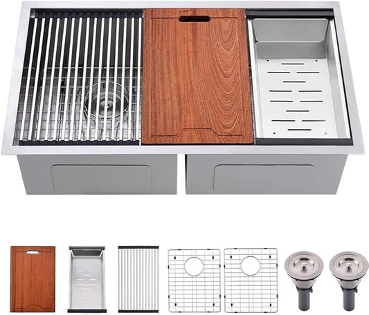 33 Inch Double Bowl Undermount Kitchen Sink Workstation-Bokaiya Stainless Steel 50/50 Double Bowl Kitchen Sink Undermount Ledge Workstation 16 Gauge 10 Inch Deep Double Basin with Cutting Board