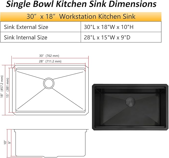 Black Undermount Kitchen Sink,16 Guage 304S Stainless Steel Workstation Sinks with Full Set Accessories, 30" x 18" x 10" Large and Deep Single Bowl Kitchen Sink
