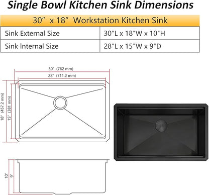 Black Undermount Kitchen Sink,16 Guage 304S Stainless Steel Workstation Sinks with Full Set Accessories, 30" x 18" x 10" Large and Deep Single Bowl Kitchen Sink
