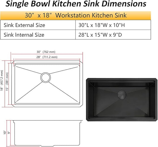 Black Undermount Kitchen Sink,16 Guage 304S Stainless Steel Workstation Sinks with Full Set Accessories, 30" x 18" x 10" Large and Deep Single Bowl Kitchen Sink