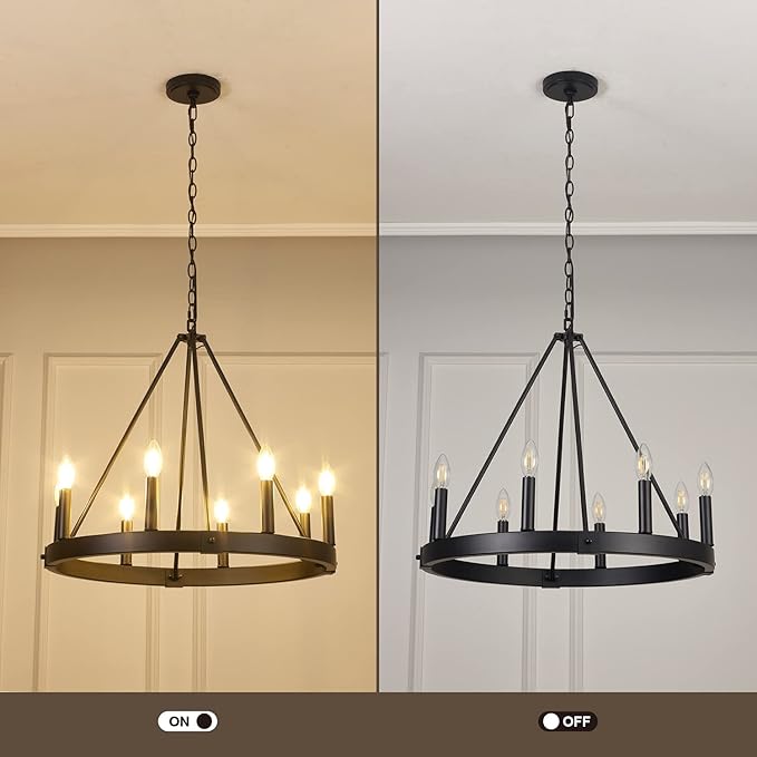 8 Lights Farmhouse Wagon Wheel Chandelier, D24" Black Round Chandeliers for Dining Room, Modern Industrial Kitchen Island Pendant Light Fixtures for Foyer Living Room Entryway Bedroom, E12 Socket