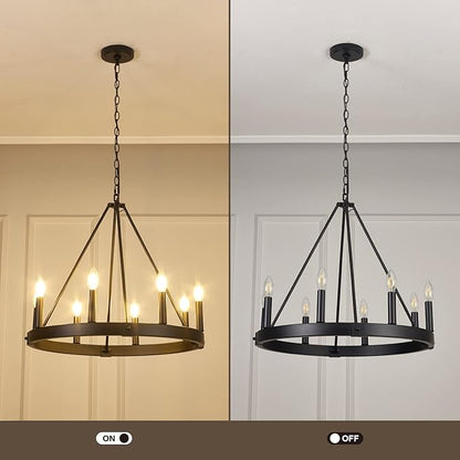 8 Lights Farmhouse Wagon Wheel Chandelier, D24" Black Round Chandeliers for Dining Room, Modern Industrial Kitchen Island Pendant Light Fixtures for Foyer Living Room Entryway Bedroom, E12 Socket