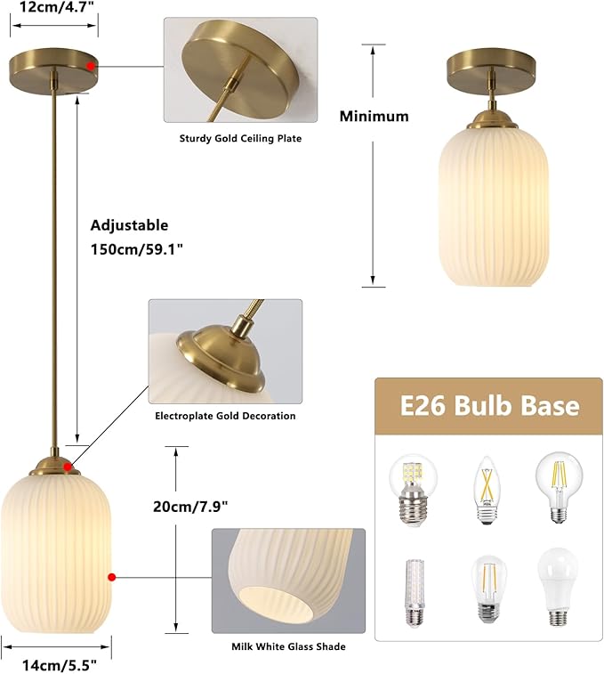 KCO Lighting Mini Milk Glass Pendant Light Small Ribbed Glass Ceiling Light Modern Globe Pendant Lighting White and Gold Ceiling Hanging Lights Mid Century Brass Pendant Light Fixture 2 Pack