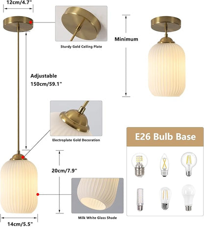 KCO Lighting Mini Milk Glass Pendant Light Small Ribbed Glass Ceiling Light Modern Globe Pendant Lighting White and Gold Ceiling Hanging Lights Mid Century Brass Pendant Light Fixture 2 Pack