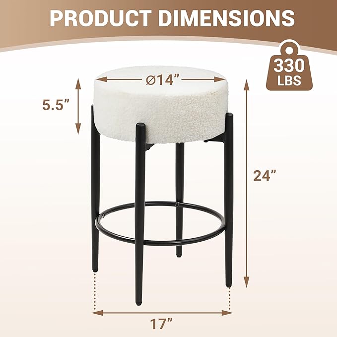 Murago Counter Height Bar Stools, Set of 4, 24" Modern Backless Bar Stools, Ideal for Kitchen Counter, Kitchen Island, Boucle Sherpa Padded Cover, with Round Soft Seat and Foot Rest, White
