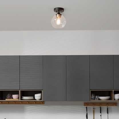 Globe Electric Harrow 1-Light Semi-Flush Mount Ceiling Light with a Matte Black Finish, Gold Accent Socket and Clear Glass Shade, Dimmable Option
