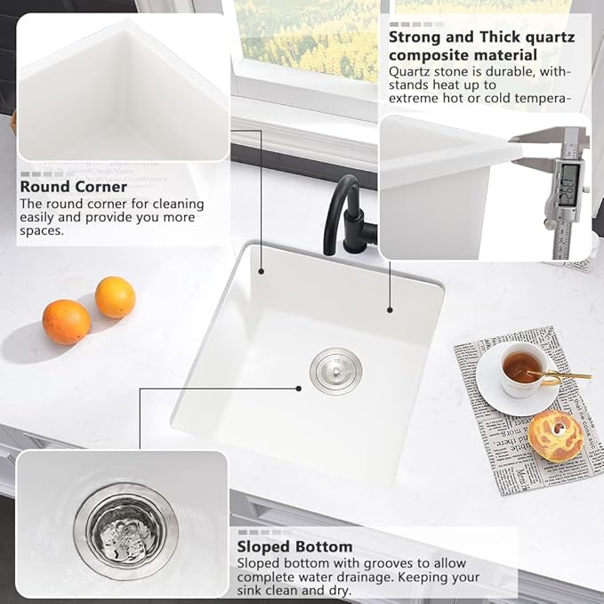 21 Inch Rv Sink Undermount-VASOYO 21x19 Wet Bar Sink Undermount Prep Outdoor Sinks White Quartz Composite Kitchen Sinks Small Deep Singe Basin with Bottom Grid