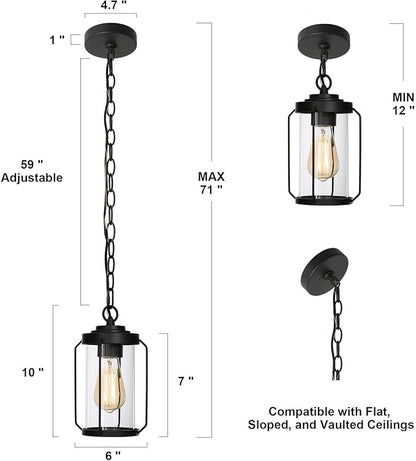 LALUZ Outdoor Pendant Lights, Black Outdoor Pendant Hanging Lights Adjustable Industrial Exterior Porch Light Fixtures Glass Shade for Patio, Entryway, Garden