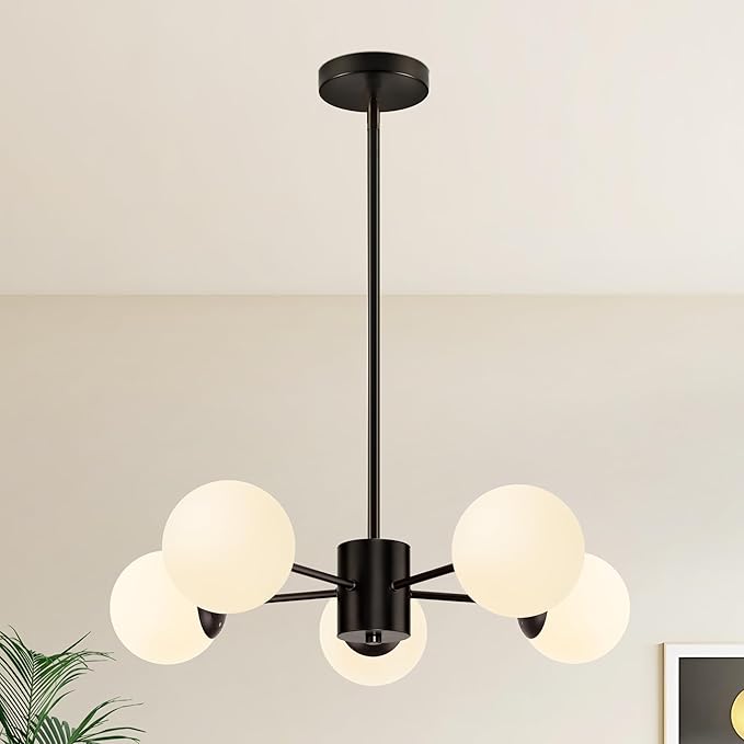 Bagood 5-Light Globe Sputnik Chandelier Mid Century Sputnik Chandeliers Modern Black Globe Pendant Light Matte Black Finished with White Frosted Glass Lampshade for Dining Room Bedroom Kitchen